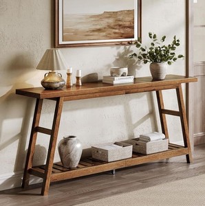 Modern Solid Wood Console Table with Storage Shelf <b>Trestle</b> Base Entryway Living Room Furniture - Product Image 1