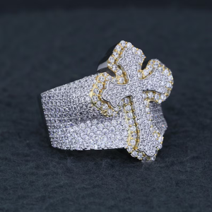 925 <b>Silver</b> Lab Grown Diamond Fleur Cross <b>Ring</b> Two Tone Pave Statement Wide Band <b>Mens</b> Pinky <b>Ring</b> - Product Image 1