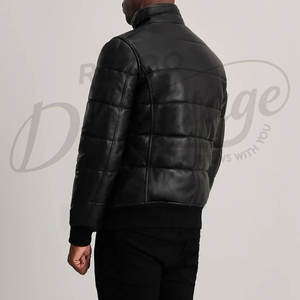 Chaqueta Bomber de Cuero Negra para Hombre, con Puños Acanalados, Cuello Alto, Acolchada y Cálida para Invierno, Estilo Biker, Corte Ajustado - Product Image 2