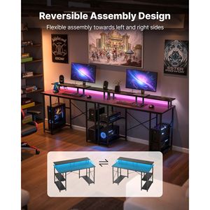 Scrivania da Gaming con Illuminazione LED da 47 Pollici, Prese di Corrente, Supporto per Monitor e Ripiani a 2 Livelli per Studio e Lavoro - Tavolo per Laptop - Product Image 6