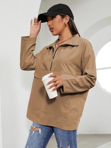 Women Camel Windbreaker <b>Jacket</b> Half Zip Pullover Coat <b>Ladies</b> Fashion Front Pocket Outerwear Casual High Neck Top New - Product Image 5