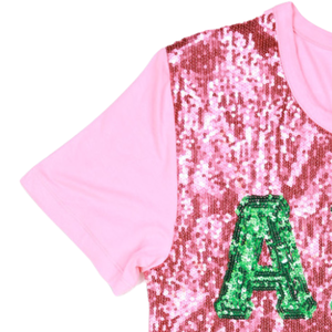 T-shirt rose à paillettes AKA, broderie chenille, vêtements de sororité grecque, t-shirt de mode haut de gamme pour femmes - Product Image 4