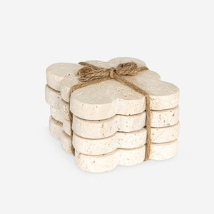 Minimalist Wabi-Sabi Travertine Stone <b>Coaster</b> Set | Flower Scalloped Edge Natural Limestone <b>Coaster</b> for Coffee Table & Hotel Bar - Product Image 1