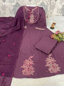 Proveedor de la India de la colección de Kurti-Pantalón-Dupatta Anarkali largo listo para usar, de algodón puro de alta calidad con bordado de hilo. - Product Image 3