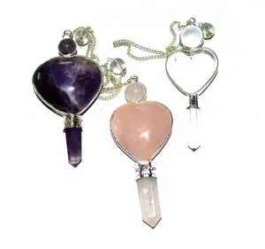 Péndulo curativo de cuarzo, cristal transparente Natural, mezcla de gemas, corazones, con cadena, venta al por mayor - Product Image 1