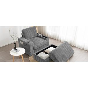 Chaise longue da interno extra large da 42 pollici con divano letto in finta pelliccia di coniglio, poggiapiedi contenitore, braccioli e portabicchieri imbottiti SL - Product Image 3
