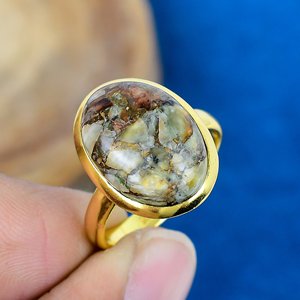 Natural <b>Cat</b> Eye Copper Oval Shape Gemstone <b>Ring</b> 18K Gold Micron Over 925 Sterling Silver - Product Image 1