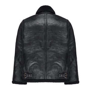 Veste en cuir noir pour homme avec col en fourrure noire, manteau aviateur en peau de mouton véritable, doublure en polaire chaude pour l'hiver - Product Image 3