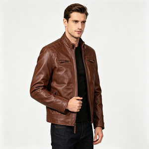 Veste moto en cuir véritable marron pour homme, col montant, fermeture éclair, manches classiques, pour l'automne - Product Image 2