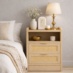 ELVROGEST SA Table de chevet moderne en bois avec tiroirs en rotin, table de chevet avec étagère de rangement et tiroir inférieur, finition naturelle - Product Image 5