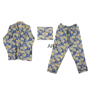 Conjunto de Pijama de Algodón 100% Hecho a Mano con Estampado Floral Azul Vintage, Cintura Elástica Informal, Secado Rápido, Ropa de Dormir para Mujer - Product Image 4