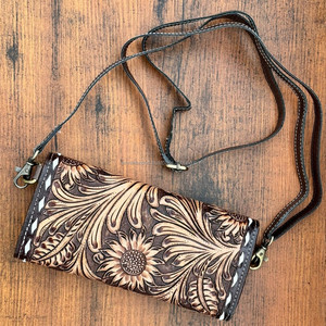 Real Hand Tooled Leather Women Purse Wholesale Genuine Leather Buck <b>Stich</b> Crossbody Wallet Western Boho Floral Cowhide Wallets - Product Image 4