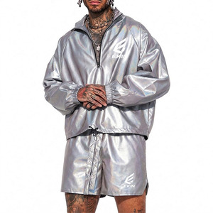 Custom Logo Metallic <b>Silver</b> Reflective Waterproof Casual 2 Piece Tracksuit Windbreaker <b>Jacket</b> Shorts Set for Men Women Wholesale - Product Image 1