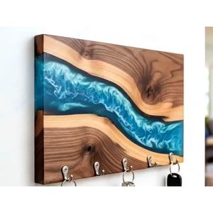 Handcrafted Wooden Wall Key Holder with Pink Epoxy Resin River Multi <b>Hook</b> Organizer Decorative Storage Rack for Entryway Home - Product Image 3