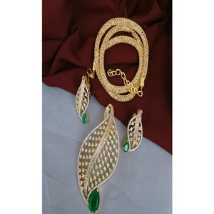 Glamorous Premium Quality Gold Plated Zircon Stones Look Brass Strand Pendant <b>Necklace</b> Set with Earrings Wedding Wear for Women - Product Image 1