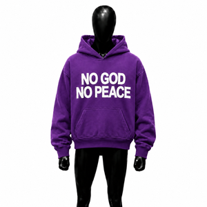 Sudadera con Capucha Gráfica Oversize Unisex Morada 'No God No Peace' Estilo Urbano Casual para Hombre y Mujer, Top con Capucha de Moda Atrevida - Product Image 1