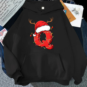 Sweat-shirt à capuche pour homme en coton noir, imprimé motif Noël (lettre R, chapeau de Père Noël, bois de renne), décontracté, hiver, coupe oversize, logo frontal - Product Image 4