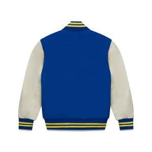 Men's Blue Varsity <b>Jacket</b> With Cream Sleeves <b>Patch</b> Design Style Regular Fit Collar Single Breasted - Product Image 3