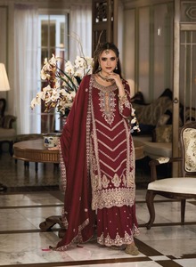 Ropa Étnica India, Salwar Kameez de Chinnon Puro con Bordado Pesado y Lentejuelas, para Bodas y Festividades - Product Image 4