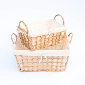Rectangle-Shaped Natural Rattan <b>Woven</b> <b>Basket</b> Fabric Lining Handle Eco-Friendly Multifunction Storage Vintage Rustic Style - Product Image 3