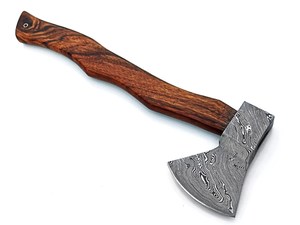 Hache à barbe de style Viking en acier Damas forgé à la main, personnalisée OEM, avec manche en bois et fourreau en cuir - Product Image 2
