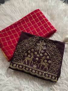 Sari Verde con Diseño de Cuadros Zari para Mujer, con Blusa Bordada de Lujo, Sari Étnico Indio para Fiestas y Bodas - Product Image 3