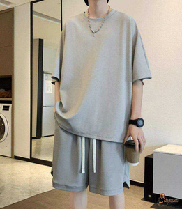 ชุดลำลองฤดูร้อนผู้ชายสีดำ ผ้าฝ้าย เสื้อยืดแขนสั้น กางเกงขาสั้นเอวยางยืด สีพื้น ผ้าถักระบายอากาศ - Product Image 3