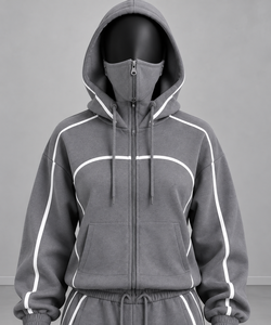 Ensemble de survêtement personnalisé pour homme, hiver, gris, avec sweat à capuche intégral zippé et masque intégré, pantalon de jogging, vêtements de sport, vente en gros - Product Image 5