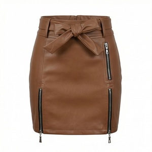 Jupe crayon mini en similicuir taille haute pour femme avec nœud et détails zippés, style club sexy - Product Image 1
