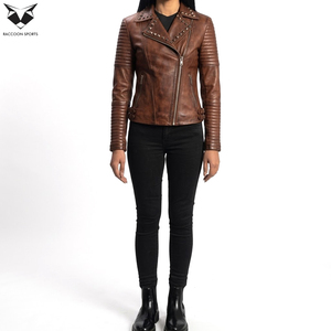 Custom Women's Vintage Ribbed Sleeves Slim Fit Design Distressed Brown Handmade Studded <b>Sheep</b> <b>Skin</b> Lightweight <b>Jackets</b> Wholesale - Product Image 4