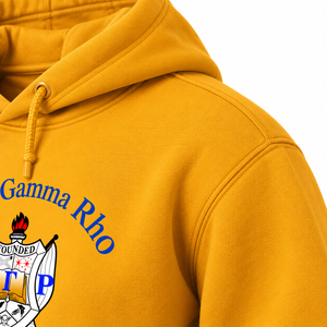 Women Golden <b>Yellow</b> Pullover <b>Hoodie</b> with Royal Blue Letter and Multicolor Crest Graphic Design Long Sleeve Hooded Sweatshirt - Product Image 6