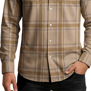 Camisa Casual a Cuadros para Hombre, Color Beige Camel, Manga Larga, con Botones, Tela Suave de Poliéster/Algodón Cepillado, Ecológica y de Secado Rápido - Product Image 5