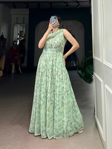 MarbalFloral Print Floor-Length Gown For Women Elegant Spring Wedding Dress Loose Fit Rayon Material India - Product Image 6