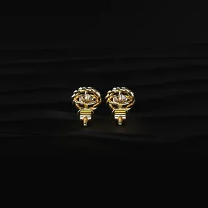 Round Cut Diamond Stud Earrings with Twisted Rope <b>Frame</b> Yellow Gold Diamond Earrings Special Design for Mother's Day for Export - Product Image 4