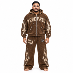 Ensemble survêtement homme marron zippé avec sweat à capuche et pantalon de jogging, décontracté, grande taille, longueur intégrale, imprimé strass, style streetwear - Product Image 1