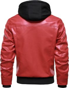 Men Red PU Leather Hooded Moto <b>Biker</b> <b>Jacket</b> Zipper Front Solid Color Winter Style Regular Sleeve Slim Fit Polyester Wadding - Product Image 4