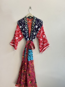 Robe en coton brodée florale pour femme, manches longues, longueur totale, style halter, vêtement de nuit décontracté, kimono bohème fait main - Product Image 3