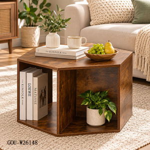 Mesa de Centro Hexagonal de Madera con Estantes Abiertos, Mesa Auxiliar Moderna para Sala de Estar - Product Image 2