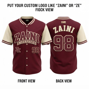 Maillot de baseball en polyester premium 220 GSM, tissu tricoté marron crème, logo floqué personnalisé, manches bicolores, col rayé, tenue d'équipe - Product Image 1
