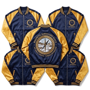 Chaqueta Bomber de Satén al por Mayor con Cremallera, Mangas Raglán, Color Ciruela Oscuro, Bordado en la Espalda con Esfera Celestial Dorada y Motivo Astronómico, Estilo Universitario - Product Image 3