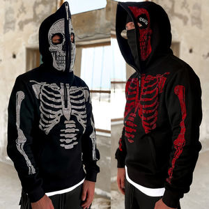 Title: Custom Skeleton Print <b>Zip</b> Up Hoodie Black Gothic Streetwear Full Body Bone Graphic <b>Hooded</b> Sweatshirt - Product Image 3