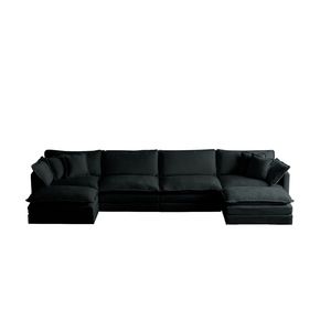 Divano Sezionale a U Reversibile Grande e Confortevole in Ciniglia Nera per Soggiorno con Doppi Pouf Extra - Product Image 5