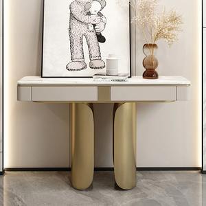 Table console convertible de luxe moderne avec plateau en métal blanc et pieds cylindriques dorés, tiroirs de rangement pour entrée et usage hôtelier - Product Image 6