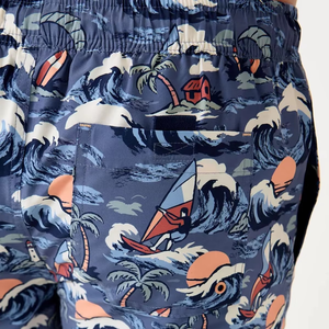 Short de bain imprimé bleu marine pour hommes, avec palmiers et voiliers, séchage rapide, short de plage décontracté, taille avec cordon de serrage - Product Image 2