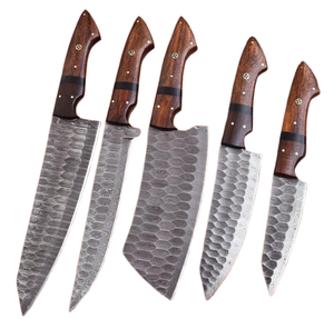 custom Handmade Damascus Steel BBQ Chef <b>Knife</b> <b>Set</b> 5 - piece Kitchen <b>Knife</b> <b>Set</b> Turquoise & Rose Wood Handle with leather sheath - Product Image 1
