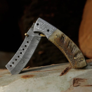Couteau pliant multi-usage en acier Damas pour la chasse, le camping et l'EDC, manche en corne naturelle, étui en cuir, fabricant d'usine - Product Image 6