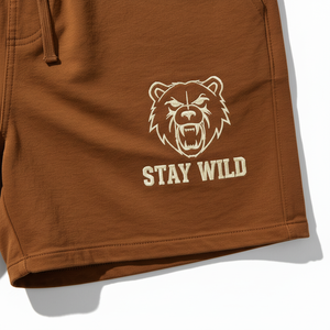 Men's Brown Polyester Canvas Shorts Front Embroidered Bear Logo Stay Wild <b>Elastic</b> Waist Casual Mid Quick Dry Breathable - Product Image 2