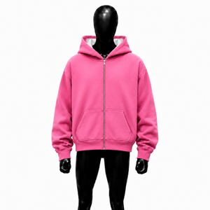 Sudadera con capucha rosa para hombre, de forro polar, con cremallera, corte regular, color liso, manga larga, diseño con bolsillos, para otoño, estilo urbano oversize - Product Image 1