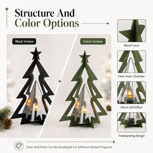 Lanterne de cimetière 3D en gros en forme de sapin de Noël avec cadre en métal noir et bougie chauffe-plat LED pour programmes de commémoration des tombes en détail - Product Image 2