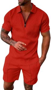 Men's Red Solid Quarter-Zip Embroidered Polo Shirt and Shorts <b>Set</b> Quick Dry <b>Knitted</b> Formal Summer Wear - Product Image 5